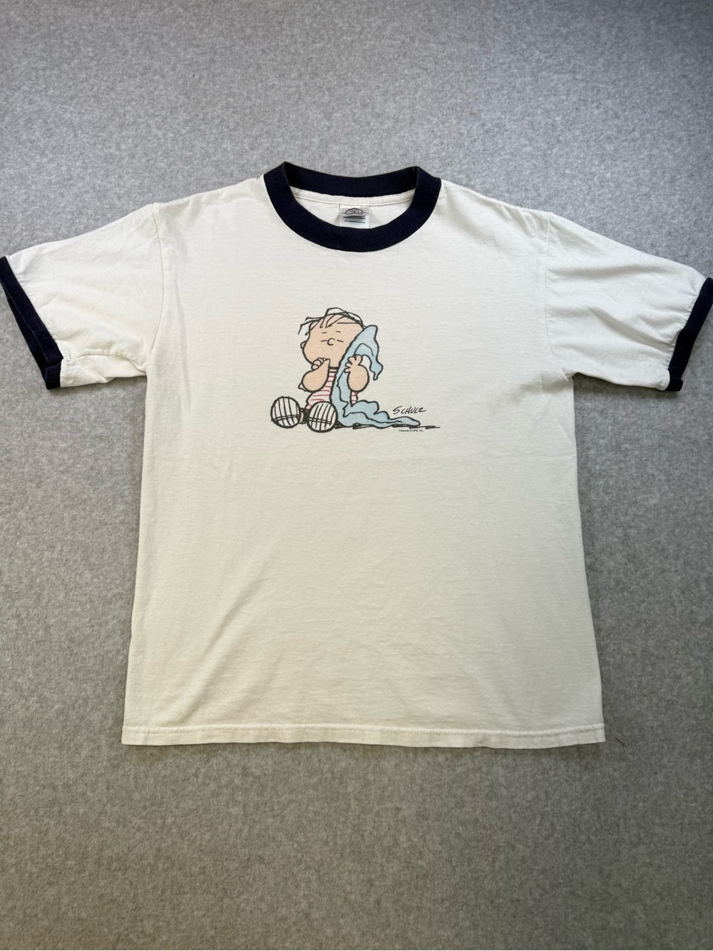 Charlie Brown Delta White Ringer Tee with Navy Trim and Linus Graphic